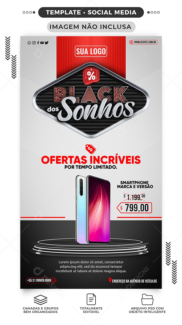 Story Black Sonhos Ofertas Incríveis Black Friday Loja de Celulares Social Media PSD Editável