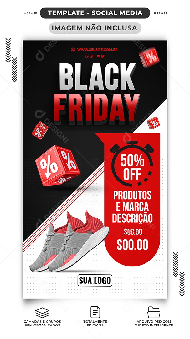 Story Produtos 50% Off Black Friday Loja de Tênis Social Media PSD Editável