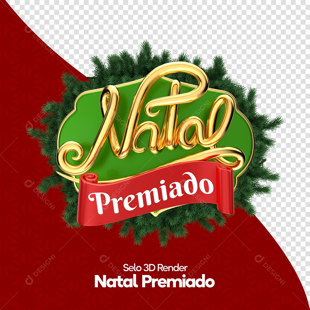 Natal Premiado Selo 3D Dourado e Verde para Composição PSD
