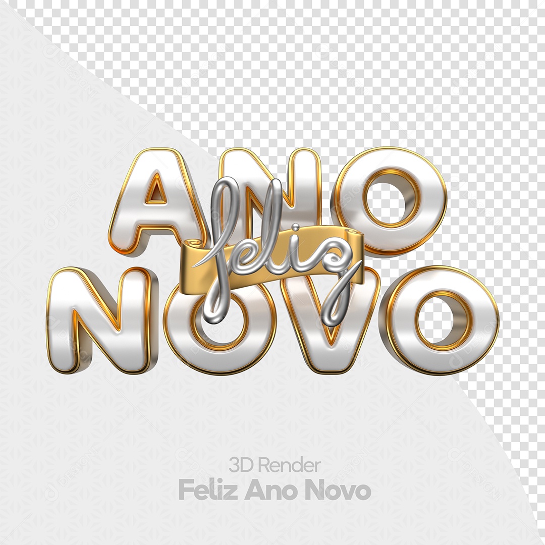Feliz Ano Novo Texto 3D Prata e Dourado para Composição PSD