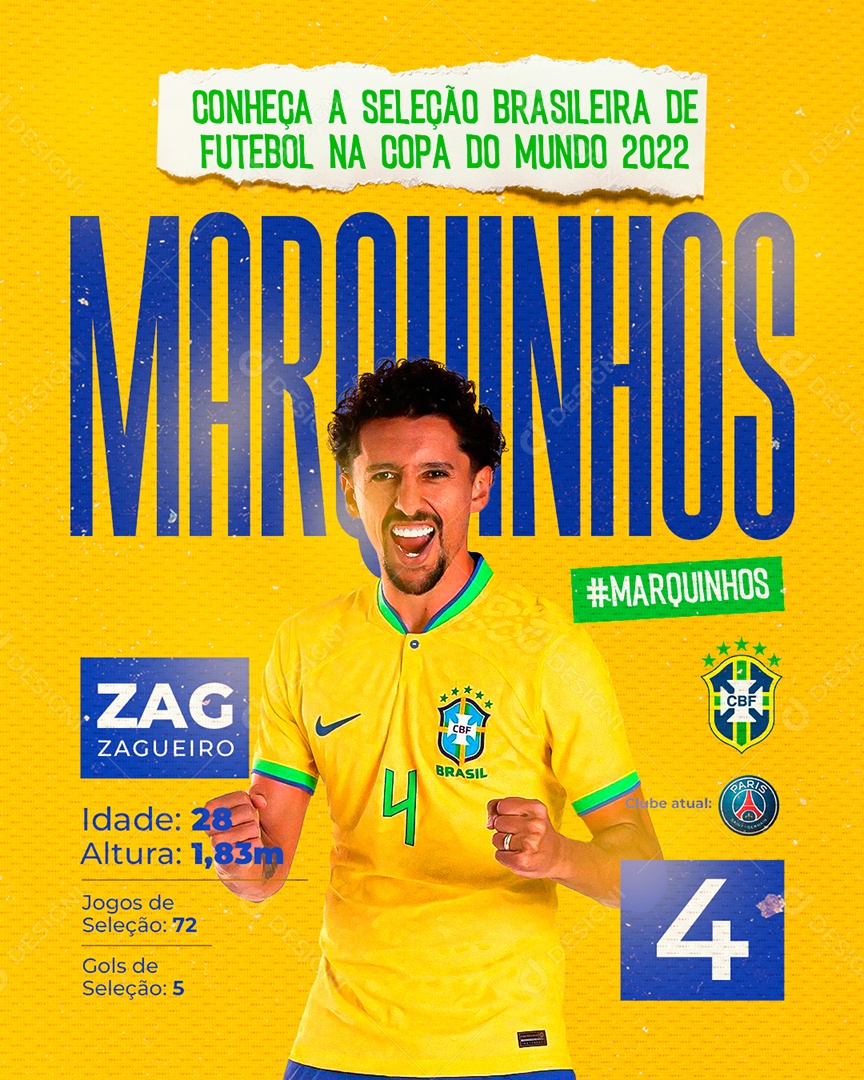 Jogador do Brasil Marquinhos Copa do Mundo Social Media PSD Editável