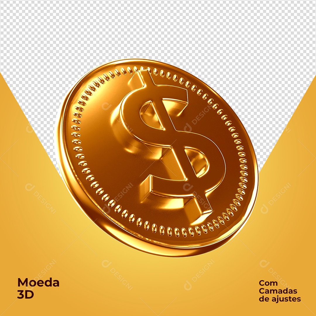 Moeda Dourada Elemento 3D para Composição PSD