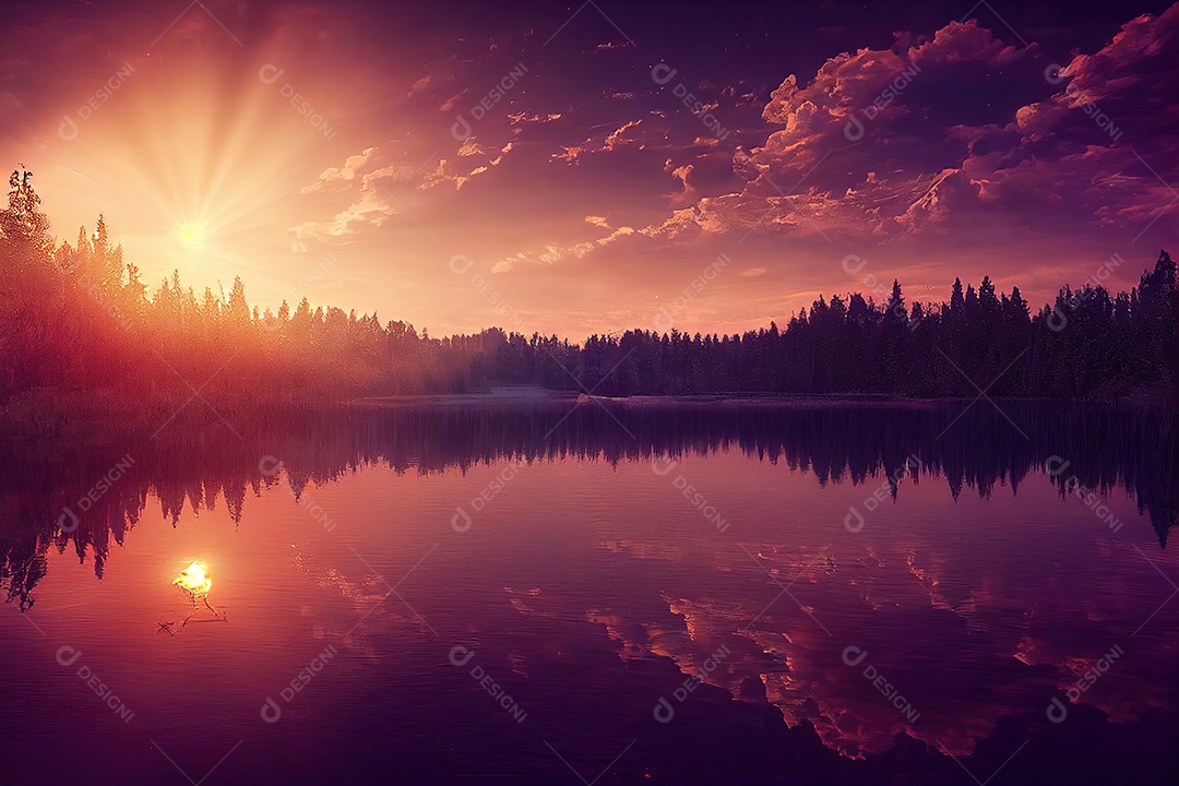 Imagem de um lago mágico com um belo pôr do sol