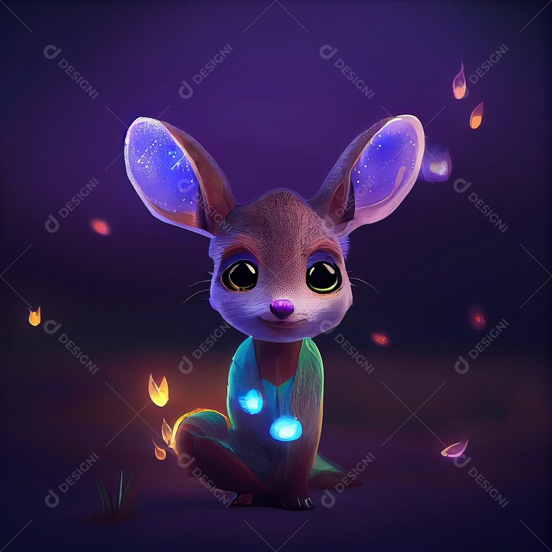 design de personagem de corça muito fofo e adorável em pé em uma bela floresta com vaga-lumes