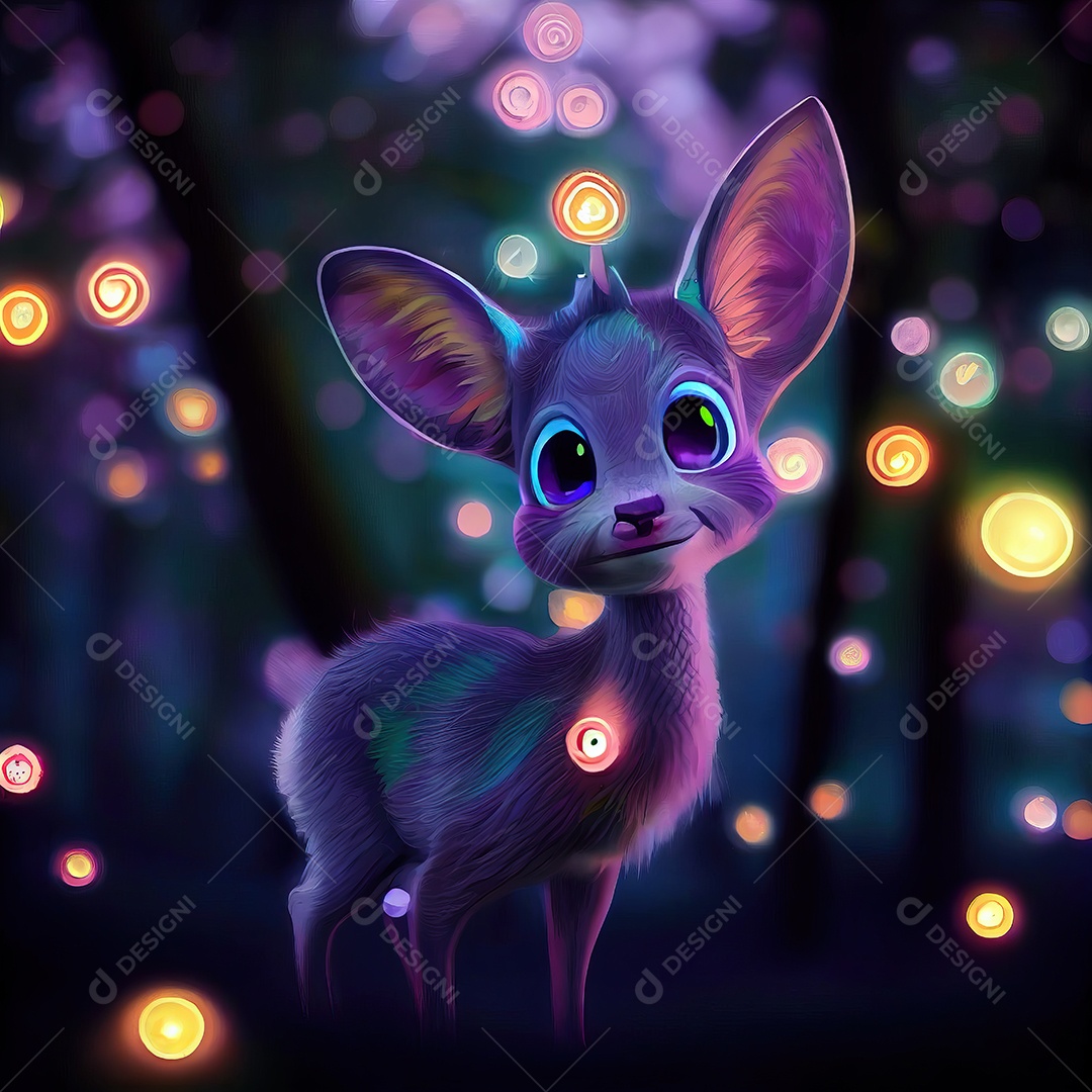 design de personagem de corça muito fofo e adorável em pé em uma bela floresta com vaga-lumes