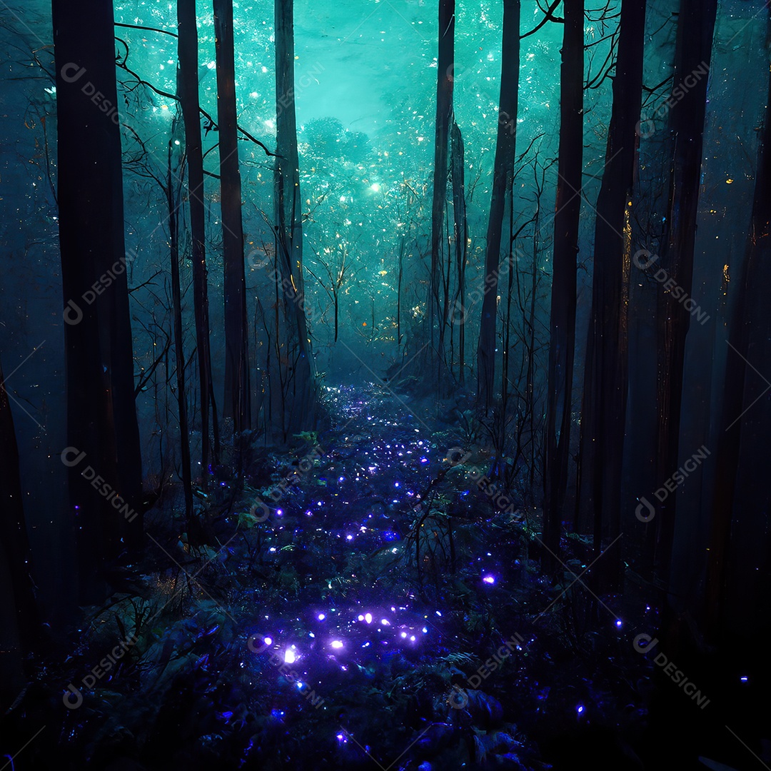 Imagem de uma floresta mágica à noite com estrelas
