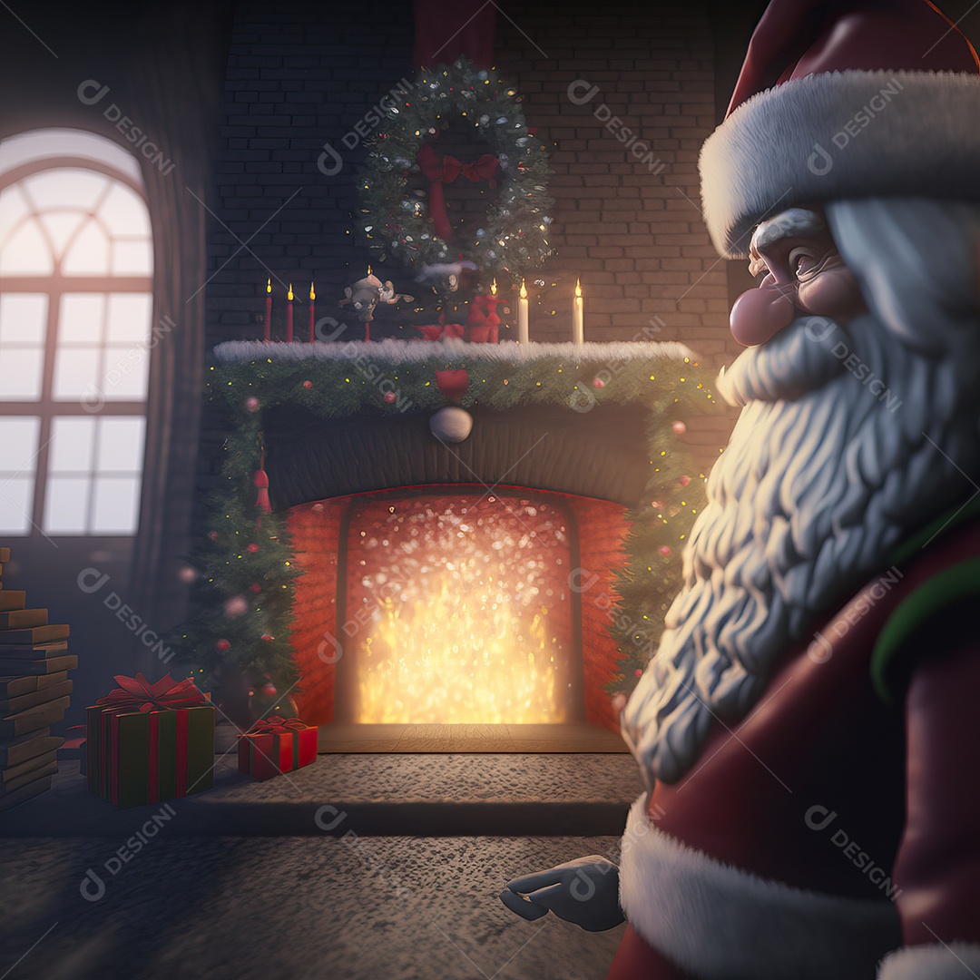 imagem de um adorável e fofo Papai Noel saindo de uma lareira
