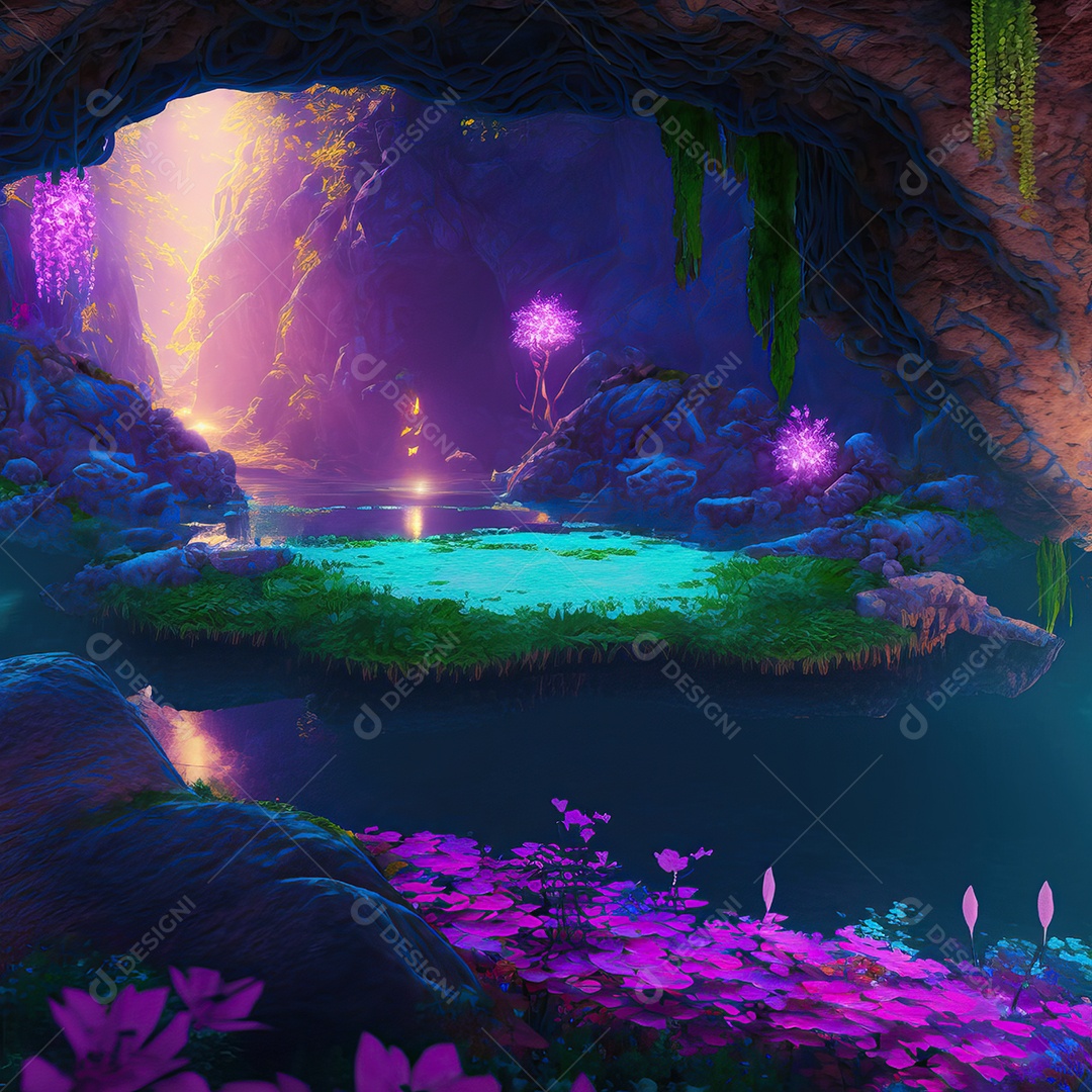 Imagem de uma caverna mágica, com um lago e plantas de cores vivas
