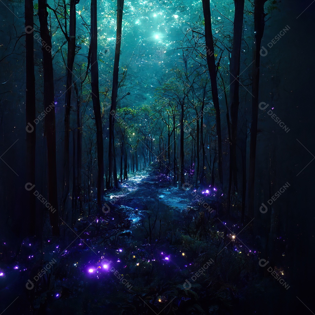 Imagem de uma floresta mágica à noite com estrelas