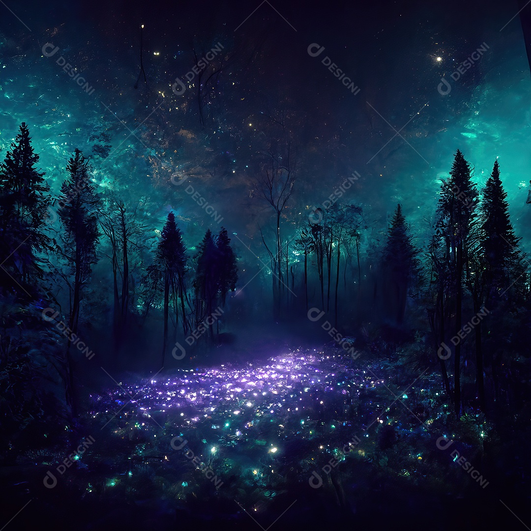 Imagem de uma floresta mágica à noite com estrelas