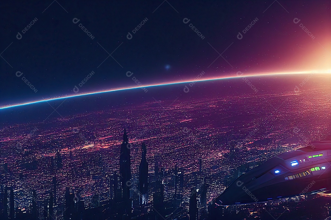 Imagem de uma nave espacial sobre uma cidade à noite