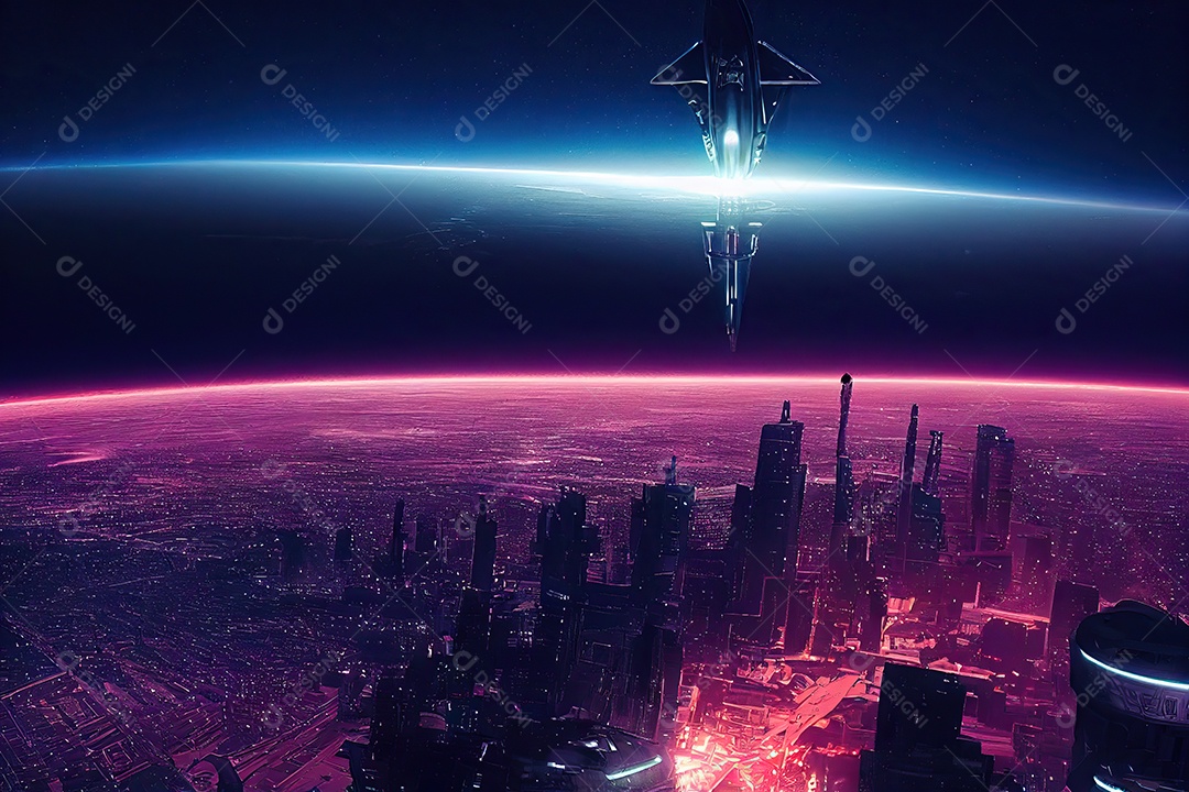 Imagem de uma nave espacial sobre uma cidade à noite