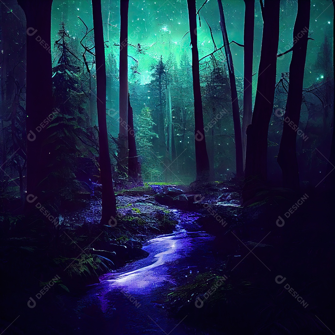 Imagem de uma floresta mágica à noite com estrelas