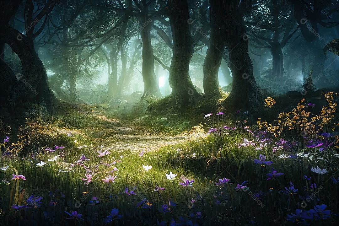 Imagem de uma floresta mágica, com árvores altas e lindas flores