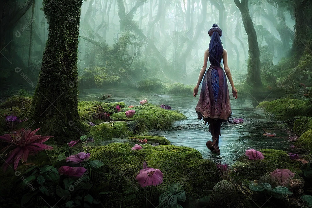 Imagem de uma floresta mágica, com árvores altas e lindas flores