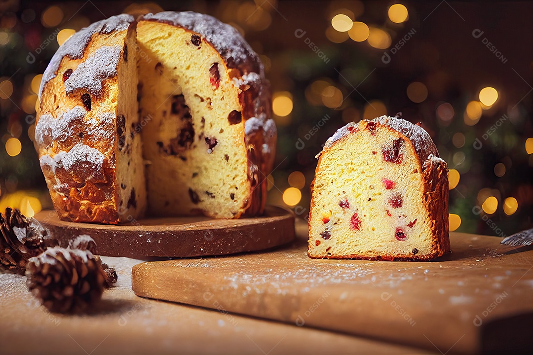 delicioso panetone decorado com enfeites de natal