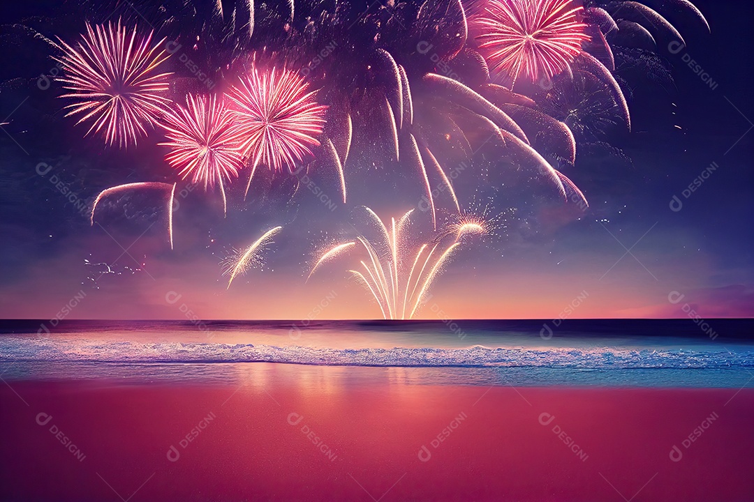 belos fogos de artifício em uma noite de ano novo na praia