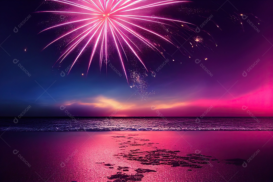 belos fogos de artifício em uma noite de ano novo na praia