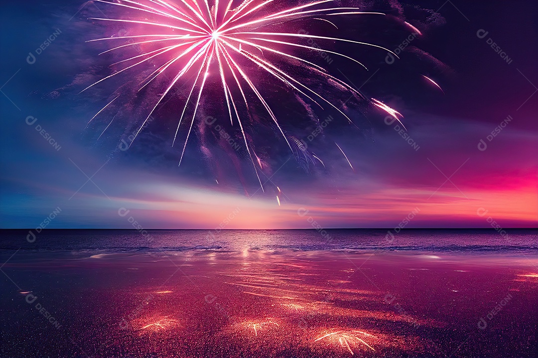 belos fogos de artifício em uma noite de ano novo na praia