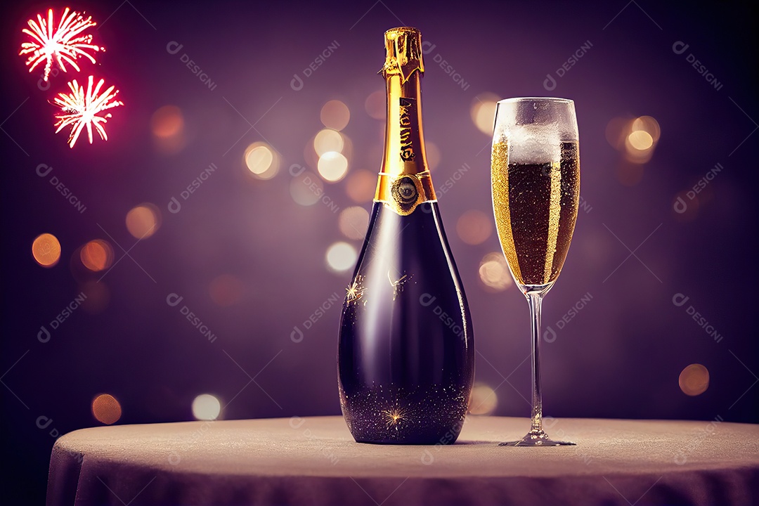 Uma garrafa e uma taça de champanhe com belos fogos de artifício de ano novo atrás