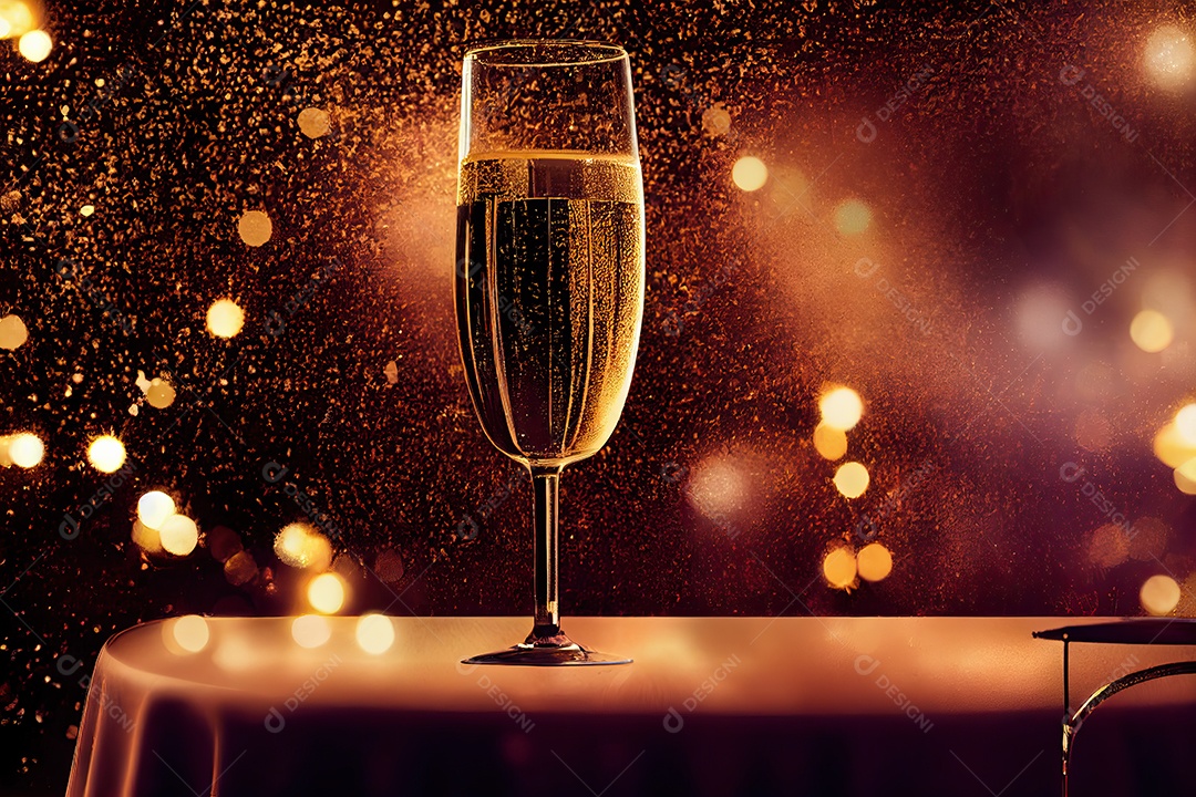 uma garrafa e uma taça de champanhe com belos fogos de artifício de ano novo atrás