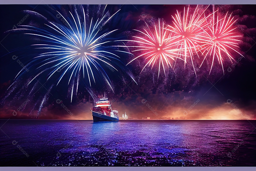 Belos fogos de artifício em uma noite de ano novo na praia