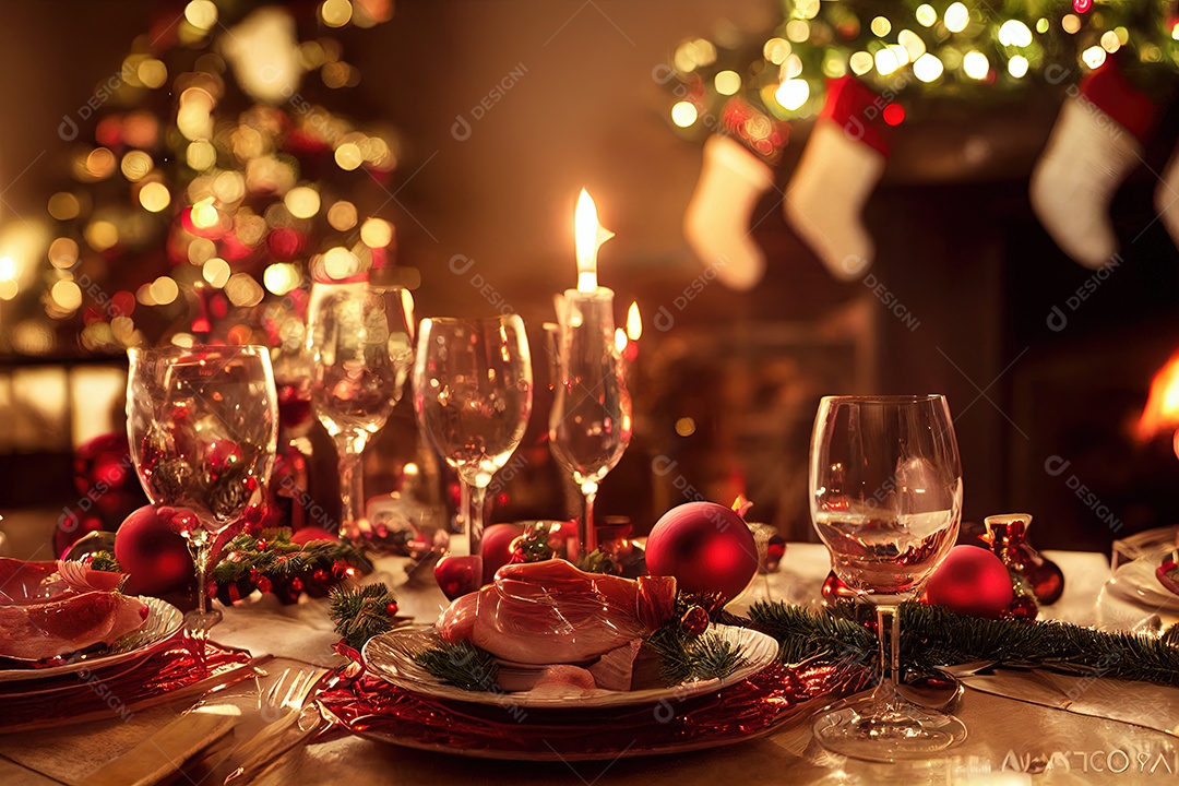 Linda mesa em uma noite, chique e com enfeites de natal