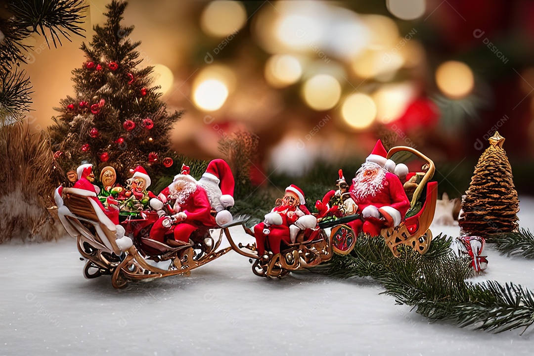 belo cenário de uma floresta com papai noel em um trenó cheio de presentes