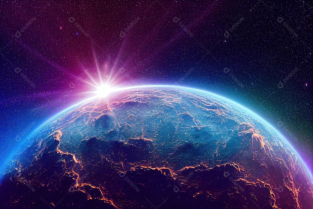 Imagem do planeta terra, com muitas estrelas, em uma bela galáxia iluminada