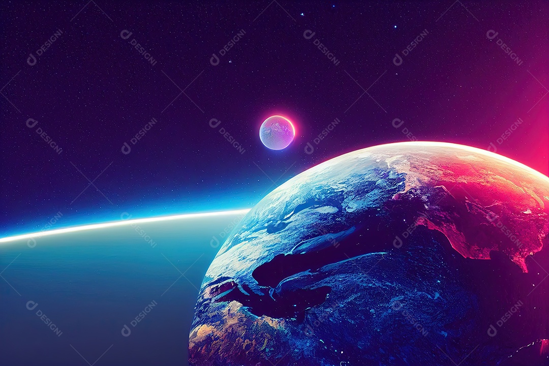 Imagem do planeta terra, com muitas estrelas, em uma bela galáxia iluminada