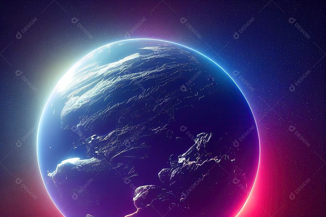 Imagem do planeta terra, com muitas estrelas, em uma bela galáxia iluminada