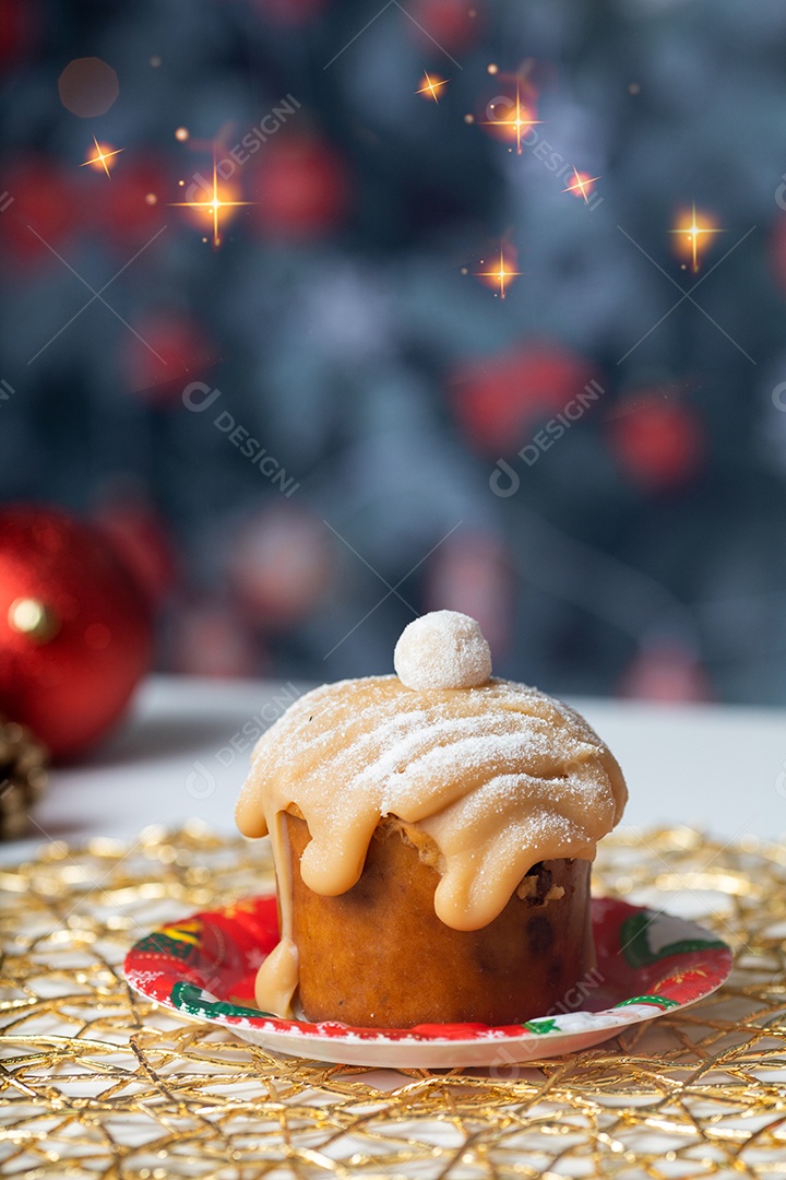 Chocolate Panettone on Wooden Table With Christmas Ornaments