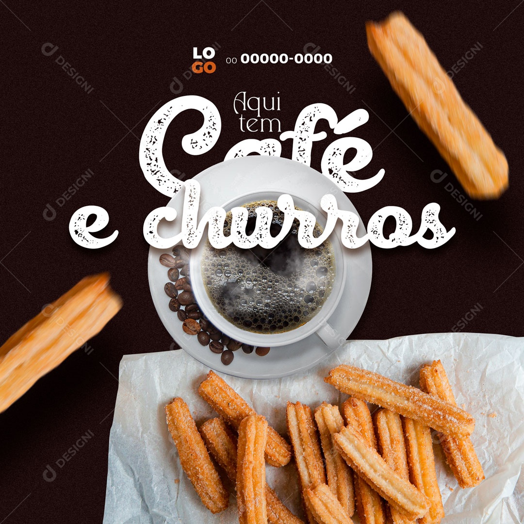 Aqui Tem Café e Churros Cafeteria Social Media PSD Editável