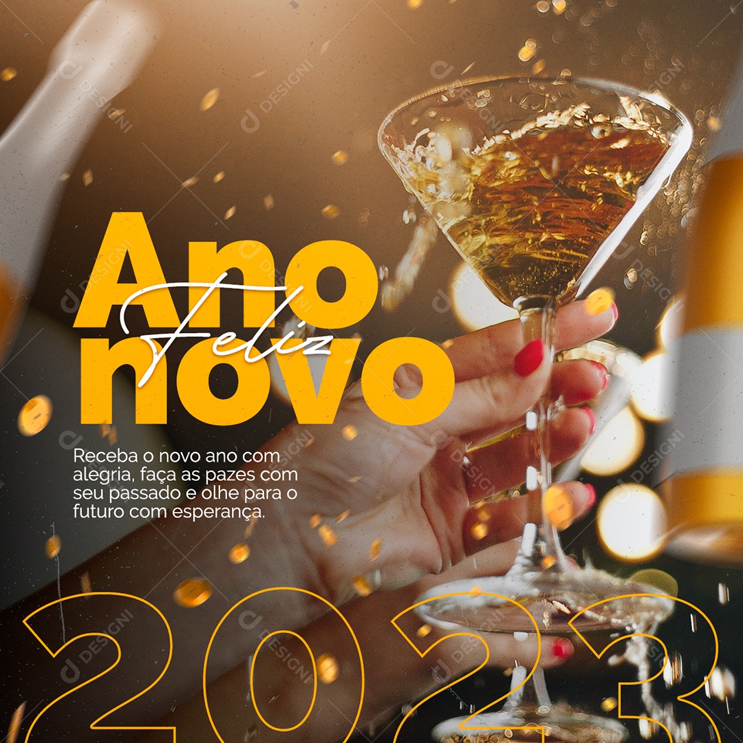 Receba o Novo Ano com Alegria Feliz Ano Novo Social Media PSD Editável