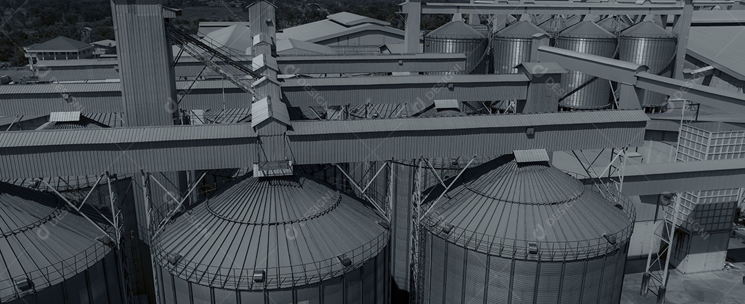 Fábrica de ração animal. Silo agrícola na fábrica de ração.