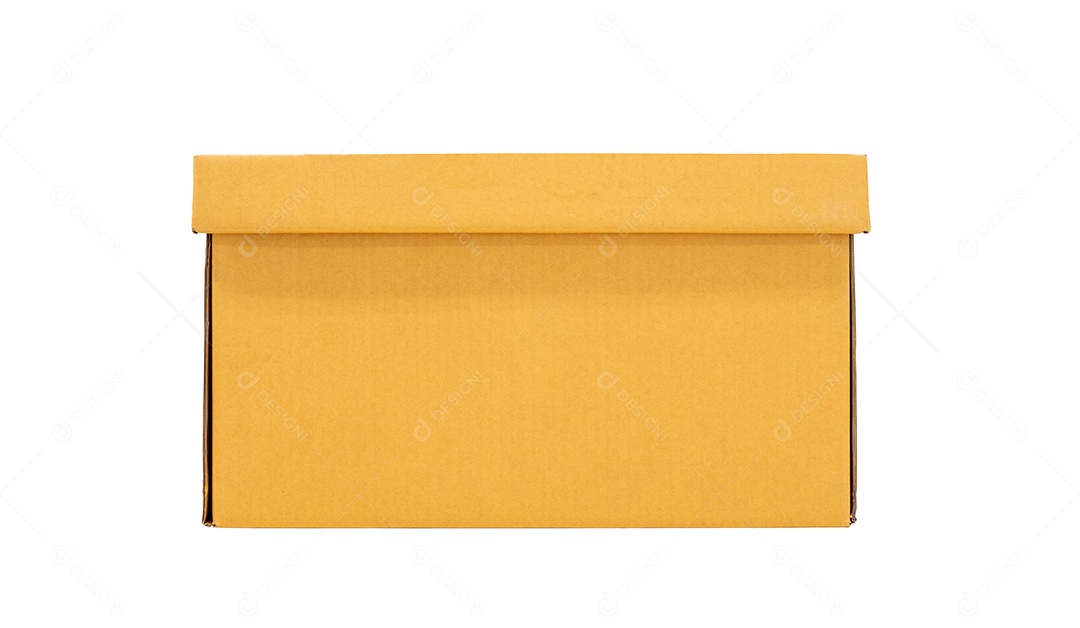 Caixa de papel amarela grande isolada no fundo branco com traçado de recorte, vista frontal