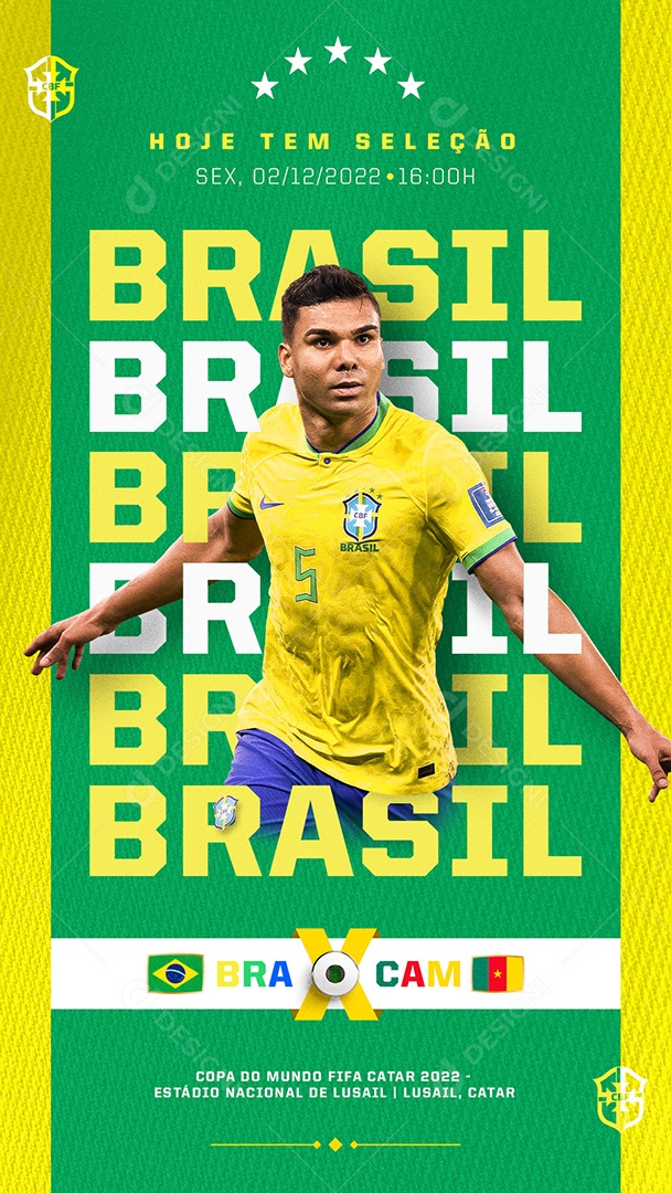 Story Hoje Tem Seleção Brasil x Camarões Copa do Mundo Social Media PSD Editável