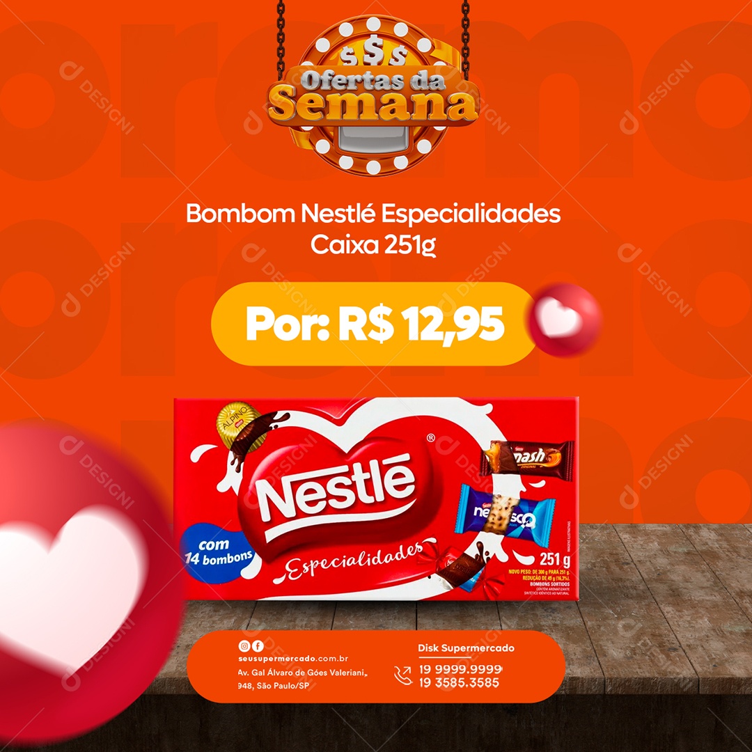 Ofertas da Semana Bombom Nestlé Caixa 251g 12,95 Supermercado Social Media PSD Editável