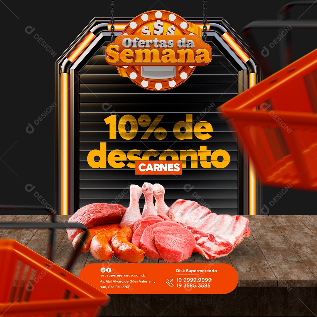 Ofertas da Semana Carnes 10% de Desconto Supermercado Social Media PSD Editável