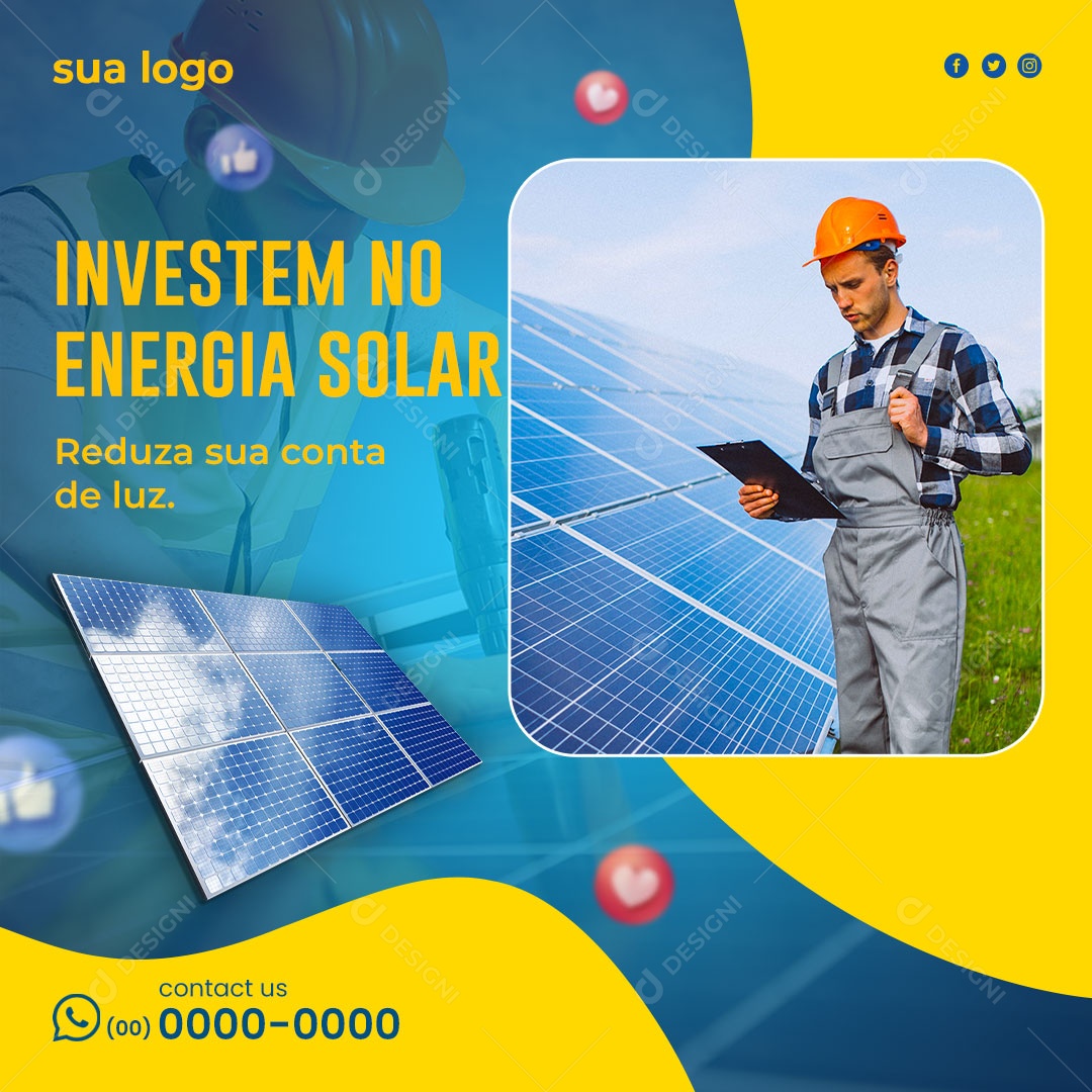 Investem no Energia Solar Reduz Sua Conta de Luz Social Media PSD Editável
