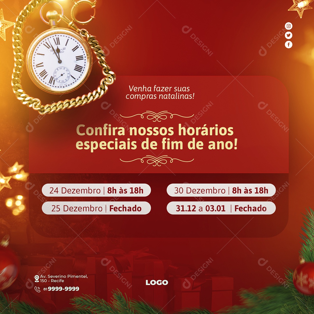 Confira Nossos Horários Especiais de Fim de Ano Social Media PSD Editável