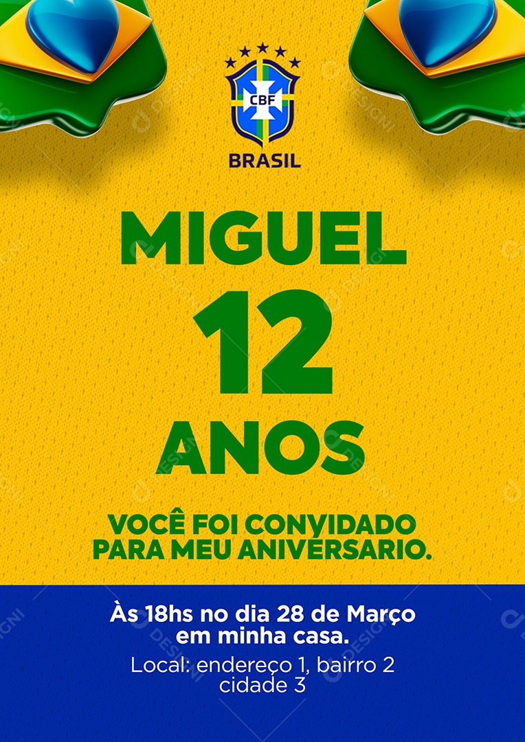 Modelo de Convite de Aniversário Festa de 12 Anos Tema Copa do Mundo PSD Editável