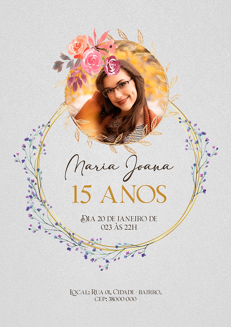 Modelo de Convite de Aniversário Festa de 15 Anos PSD Editável