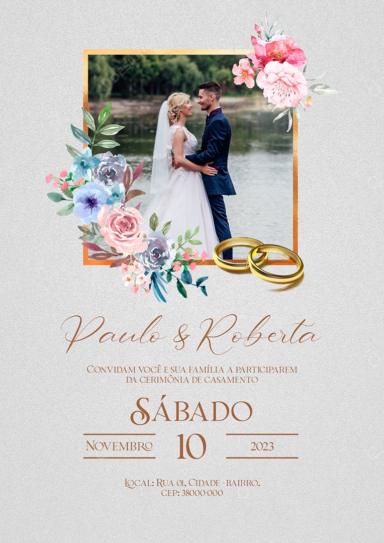 Modelo de Convite de Casamento Paulo e Roberta Convidam Você e Sua Família PSD Editável