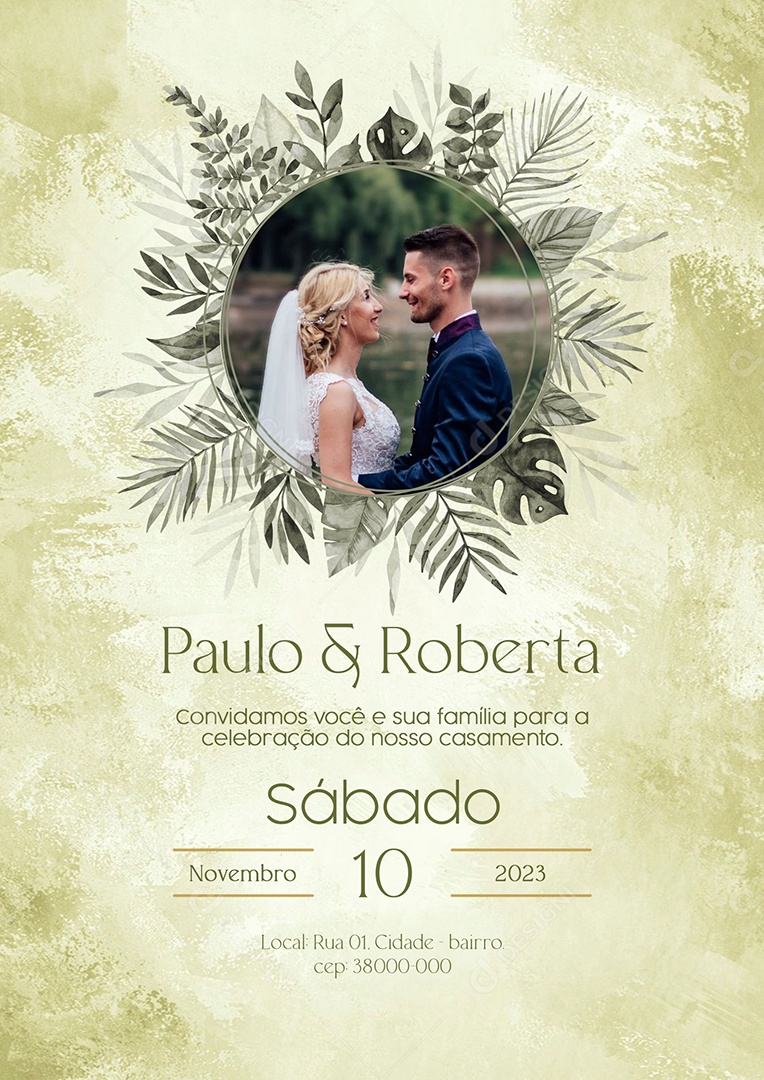 Modelo de Convite de Casamento Paulo e Roberta Convidam Você e Sua Família PSD Editável