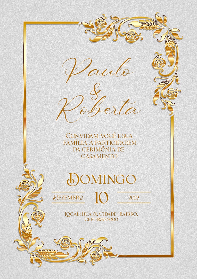 Modelo de Convite de Casamento Paulo e Roberta Convidam Você e Sua Família PSD Editável