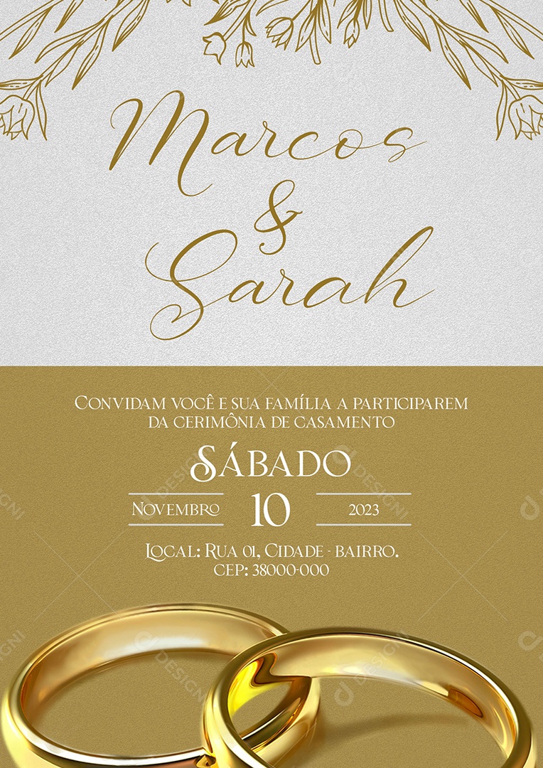 Modelo de Convite de Casamento Marcos e Sarah Convidam Você e Sua Família PSD Editável