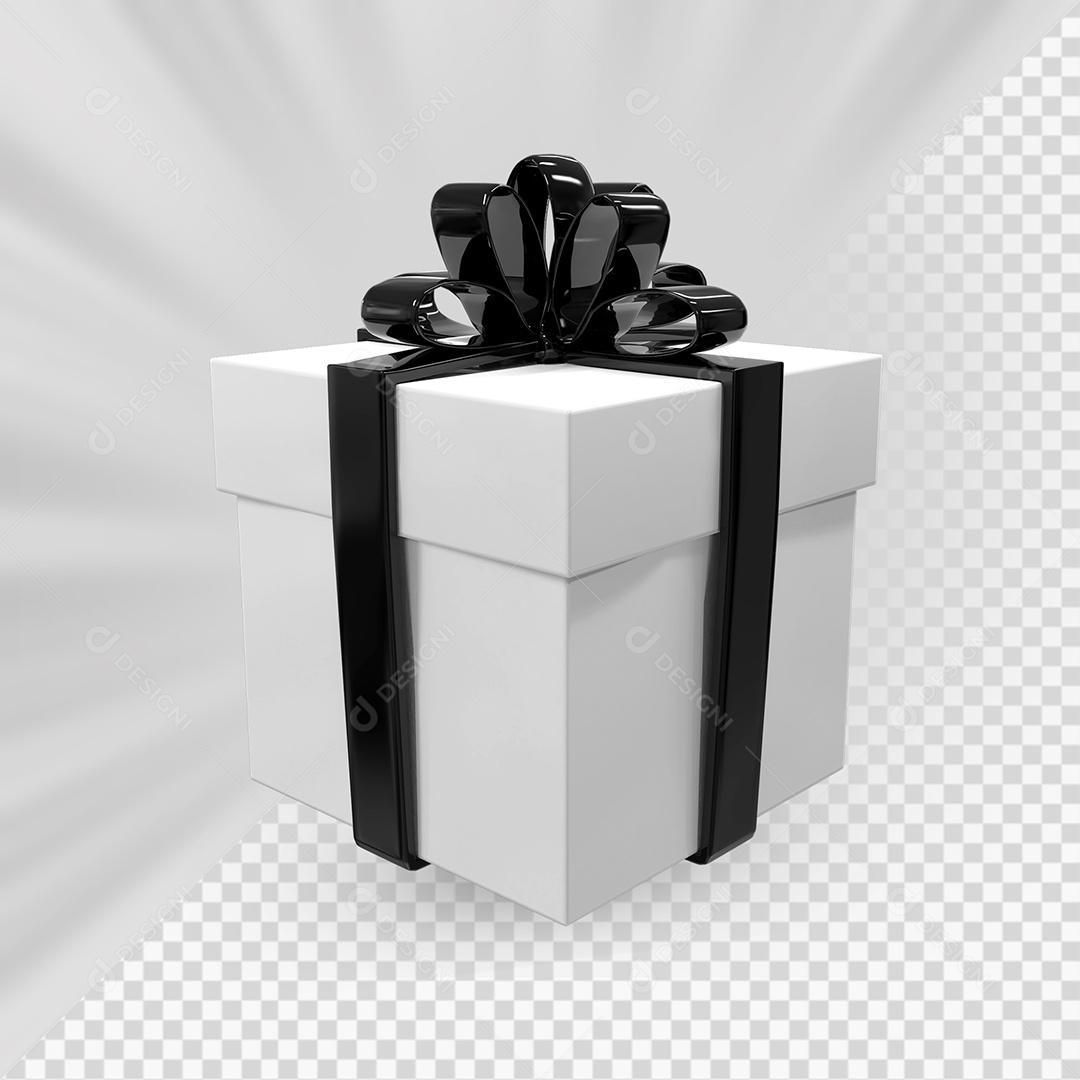 Caixa de Presente Branca com Laço Preto Elemento 3D para Composição PSD