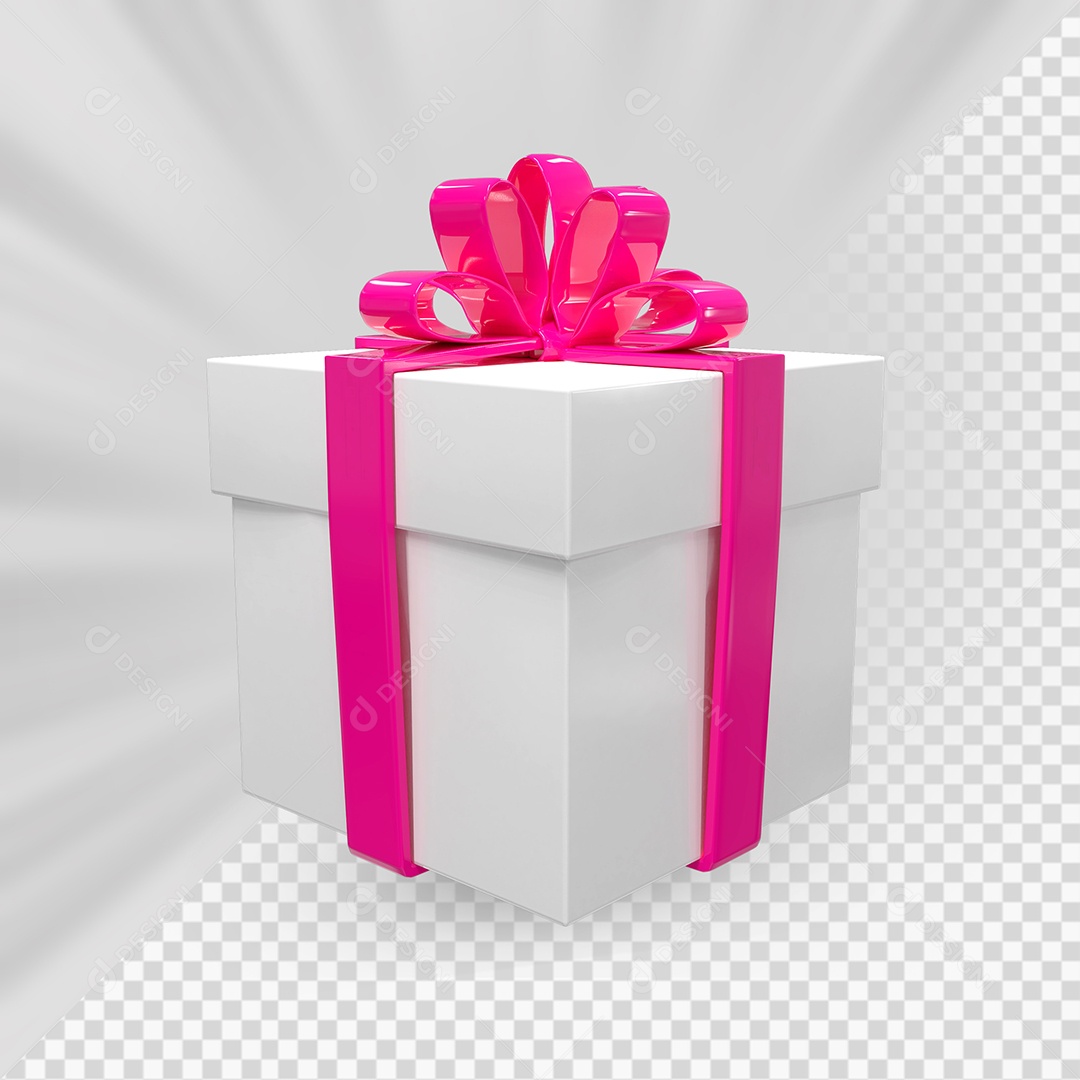 Caixa de Presente Branca com Laço Rosa Elemento 3D para Composição PSD