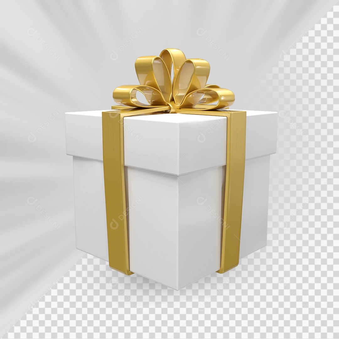 Caixa de Presente Branco com Laço Dourado Elemento 3D para Composição PSD